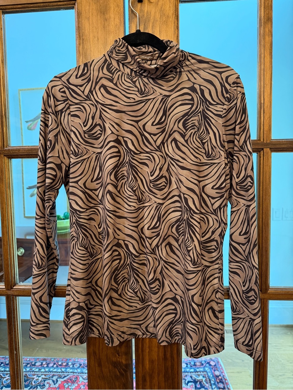 J. McLaughlin Beige and Black Zebra-Print Long Sleeve Turtleneck